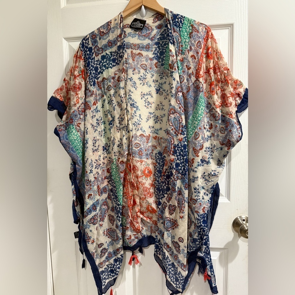 Angie Multicolor Floral patchwork Kimono Top OSFM Boho Swim Fall Tassel